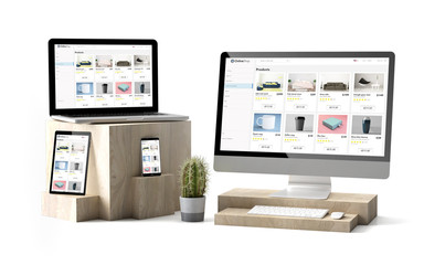 Poster - wooden cubes devices isolated responsive eshop website