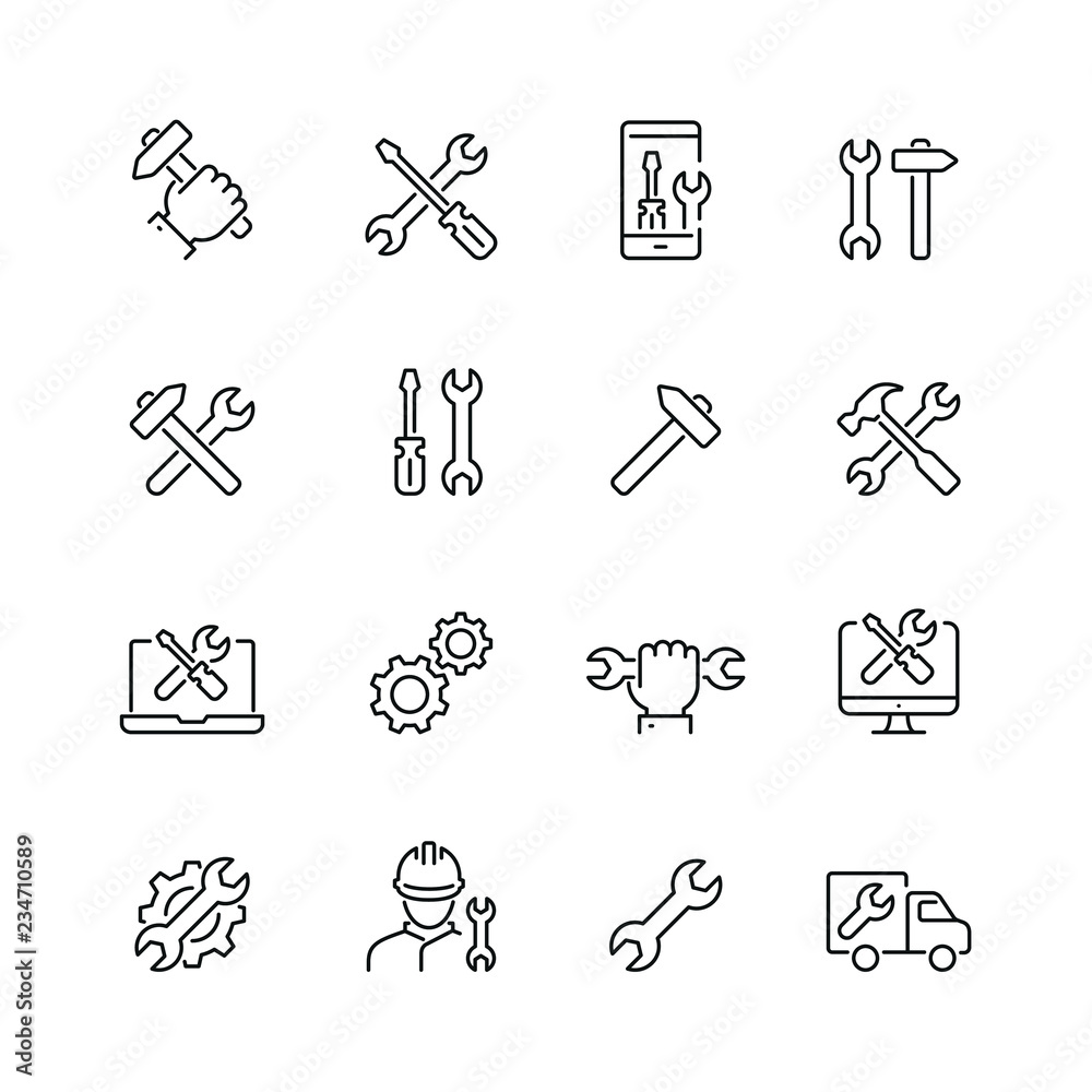 Repair related icons: thin vector icon set, black and white kit Stock ...