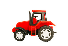 Red Toy Tractor Isolated On White Background. Side View