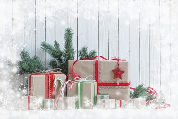 Wall Mural - Christmas gifts on  wooden background