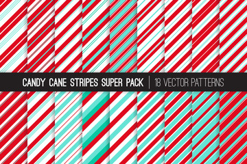 Wall Mural - Christmas Candy Cane Stripes Vector Patterns in Aqua Blue, Red and White. Classic Winter Holiday Treat. Striped Backgrounds. Variable Thickness Diagonal Lines. Repeating Pattern Tile Swatches Included