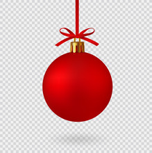 Realistic Red Christmas Ball With Ribbon And Bow, Isolated Background - Stock Vector.