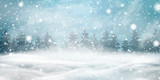 Fototapeta Paryż - Natural Winter Christmas background with blue sky, heavy snowfall, snowflakes, snowy coniferous forest, snowdrifts. Winter landscape with falling christmas shining beautiful snow.