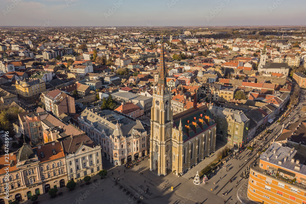 Aerial view of Novi Sad catholic cathedral - obrazy, fototapety, plakaty 