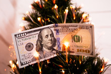 New Year Fir Tree Is Decorated With 100 Dollars Cash
