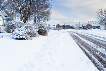 Wall Mural - Street through a snow covered neighborhood.