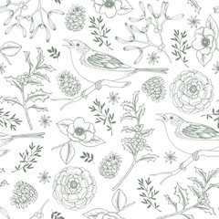 Wall Mural - Elegant hand drawn Christmas seamless pattern with birds, holly berries, mistletoe, roses and pine cones. Winter vintage engraving design. Vector illustration background.