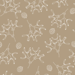 Wall Mural - Elegant hand drawn Christmas seamless pattern with mistletoe and little pine cones. Winter vintage engraving design. Golden vector illustration background.