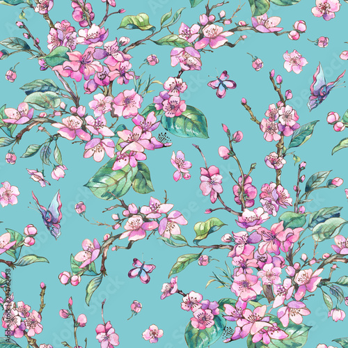 akwarela-wiosna-rocznika-kwiatowy-wzor-z-rozowe-kwitnace-galezie-brzoskwini-wisni-gruszki-sakura
