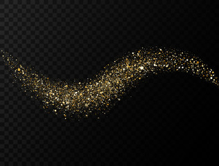 Wall Mural - glitter wave on transparent background. gold sparkling glitter trail. magic star dust. glittery twir