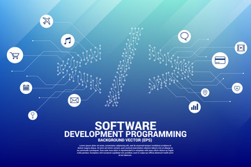 Fototapete - Vector dot connect line circuit board style software development programming tag icon. Concept Concept for Programming language technology and coding.