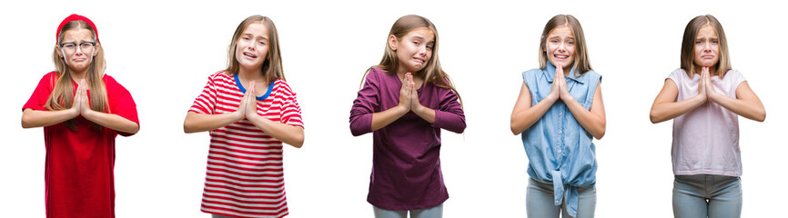 collage of young beautiful little girl kid over isolated background begging and praying with hands t