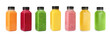Set with plastic bottles of different juices on white background