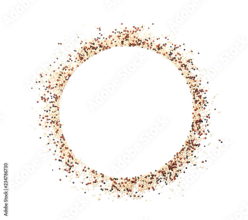 Fotomural Frame made of mixed quinoa seeds and space for text on white background, top vie