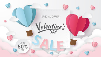 Wall Mural - valentines day sale background with heart balloons and clouds. paper cut style. can be used for wall