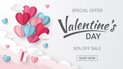 Wall Mural - valentines day sale background with heart balloons and clouds. paper cut style. can be used for wall