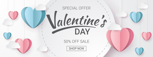 Wall Mural - Valentines day sale background with Heart shape and clouds. Paper cut style. Can be used for Wallpaper, flyers, invitation, posters, brochure, banners. Vector illustration.