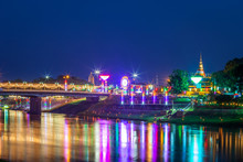 The Loy Krathong Festival At Pagoda In The Temple That Riverside The Nan River At Night Is A Tourist Attraction Phitsanulok, Thailand.