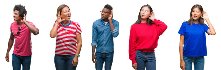 Sticker - Composition of african american, hispanic and chinese group of people over isolated white background smiling with hand over ear listening an hearing to rumor or gossip. Deafness concept.