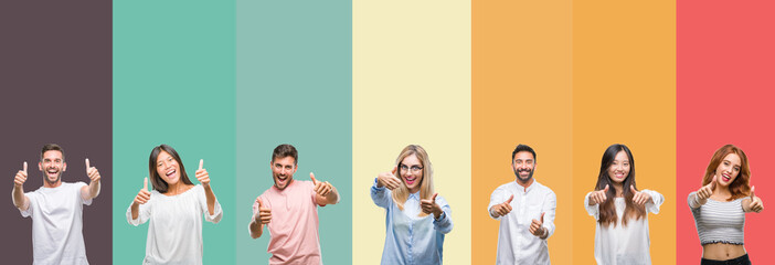 Sticker - Collage of different ethnics young people over colorful stripes isolated background approving doing positive gesture with hand, thumbs up smiling and happy for success. Looking at the camera