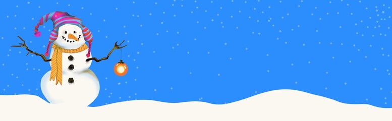 Snowman fun cute header banner scene in snowy snow and snowflake  scene, wide panorama header border background, hand drawn