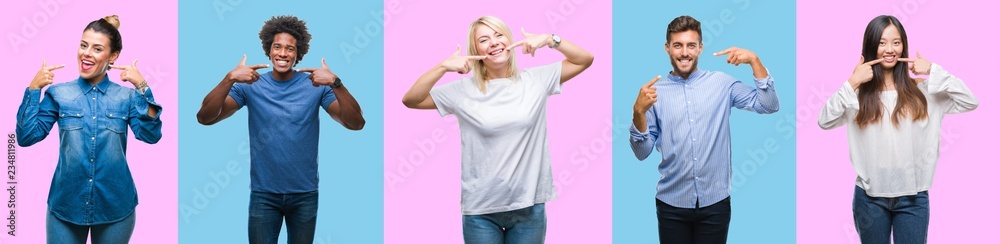 Collage of group of young casual people over colorful isolated background smiling confident showing and pointing with fingers teeth and mouth. Health concept. - obrazy, fototapety, plakaty 
