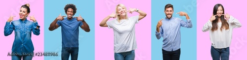 Fotografía Collage of group of young casual people over colorful isolated background smiling confident showing and pointing with fingers teeth and mouth