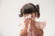 © Asada - Asian little girl with handkerchief. Sick child has runny nose isolated on white background