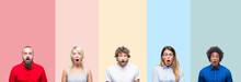 Collage Of Group Of Young People Over Colorful Vintage Isolated Background Afraid And Shocked With Surprise Expression, Fear And Excited Face.