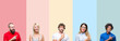 © Krakenimages.com - Collage of group of young people over colorful vintage isolated background cheerful with a smile of face pointing with hand and finger up to the side with happy and natural expression on face