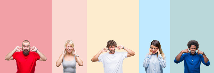 Poster - Collage of group of young people over colorful vintage isolated background covering ears with fingers with annoyed expression for the noise of loud music. Deaf concept.