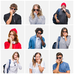 Sticker - Collage of group of people wearing backpack and headphones over isolated background looking stressed and nervous with hands on mouth biting nails. Anxiety problem.