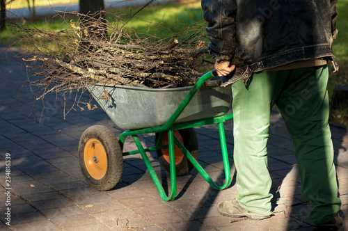 Fotografía Sweeper pushing a wheelbarrow full of twigs