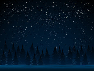 Dark Starry Falling Snow. Christmas Trees. Snow.