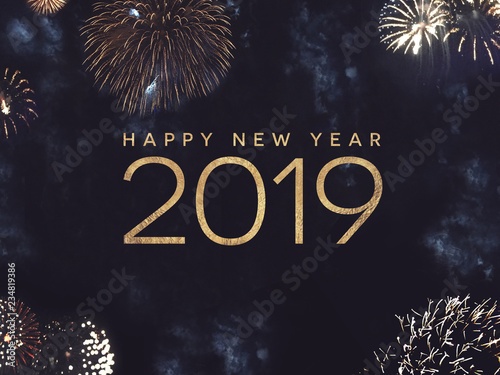 Happy New Year 2019 Celebration Text with Festive Gold Fireworks Collage in Nigh Wallpaper Mural