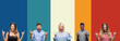 © Krakenimages.com - Collage of group of young people over colorful vintage isolated background shouting with crazy expression doing rock symbol with hands up. Music star. Heavy concept.