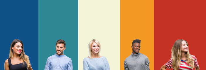 Sticker - Collage of group of young people over colorful vintage isolated background looking away to side with smile on face, natural expression. Laughing confident.