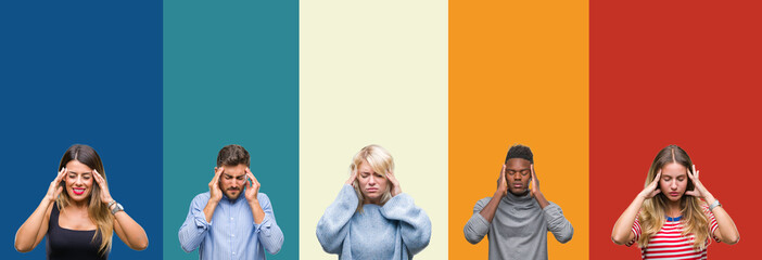 Wall Mural - Collage of group of young people over colorful vintage isolated background with hand on head for pain in head because stress. Suffering migraine.
