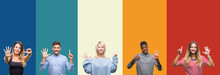 Collage Of Group Of Young People Over Colorful Vintage Isolated Background Showing And Pointing Up With Fingers Number Six While Smiling Confident And Happy.