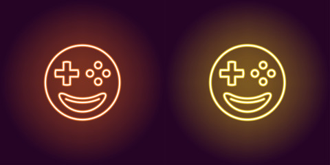 Sticker - Neon emoji gamer, glowing sign. Vector emoji icon