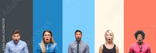 Fotografía Collage of group of young people over colorful vintage isolated background afraid and shocked with surprise expression, fear and excited face
