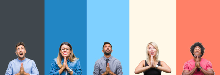 Wall Mural - Collage of group of young people over colorful vintage isolated background begging and praying with hands together with hope expression on face very emotional and worried. Asking for forgiveness