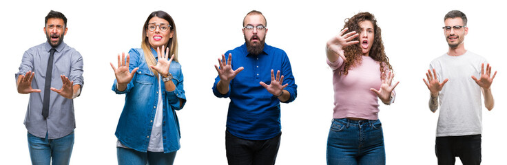 Canvas Print - Collage of group of young casual people over isolated background afraid and terrified with fear expression stop gesture with hands, shouting in shock. Panic concept.