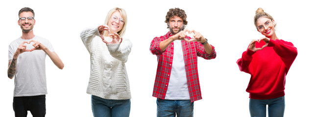 Sticker - Collage of group of young people over white isolated background smiling in love showing heart symbol and shape with hands. Romantic concept.