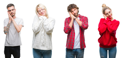 Sticker - Collage of group of young people over white isolated background sleeping tired dreaming and posing with hands together while smiling with closed eyes.