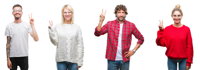 Collage of group of young people over white isolated background showing and pointing up with fingers number two while smiling confident and happy.