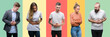 © Krakenimages.com - Collage of group people, women and men over colorful isolated background with hand on stomach because nausea, painful disease feeling unwell. Ache concept.