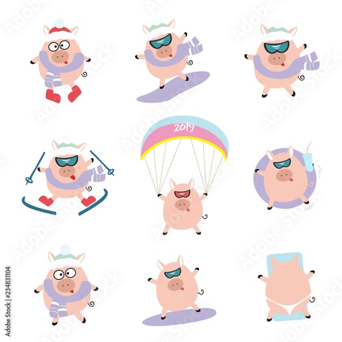Set Of Cute Cartoon Pigs Symbol Of 2019 Chinese New Year