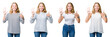 © Krakenimages.com - Collage of beautiful blonde woman over white isolated background showing and pointing up with fingers number six while smiling confident and happy.
