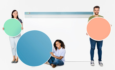 Wall Mural - People holding icons related to the theme of internet and connection